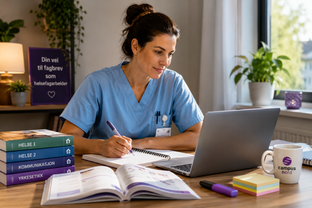 Helsefagarbeider som studerer til teorieksamen HEA3103 gjennom nettbasert undervisning hos Campus Nord. Kurs for praksiskandidater som ønsker fagbrev som helsefagarbeider.